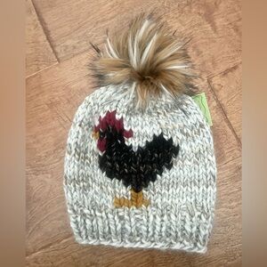 NWT Adult Knitted Hat with Rooster Design - Cream and Brown